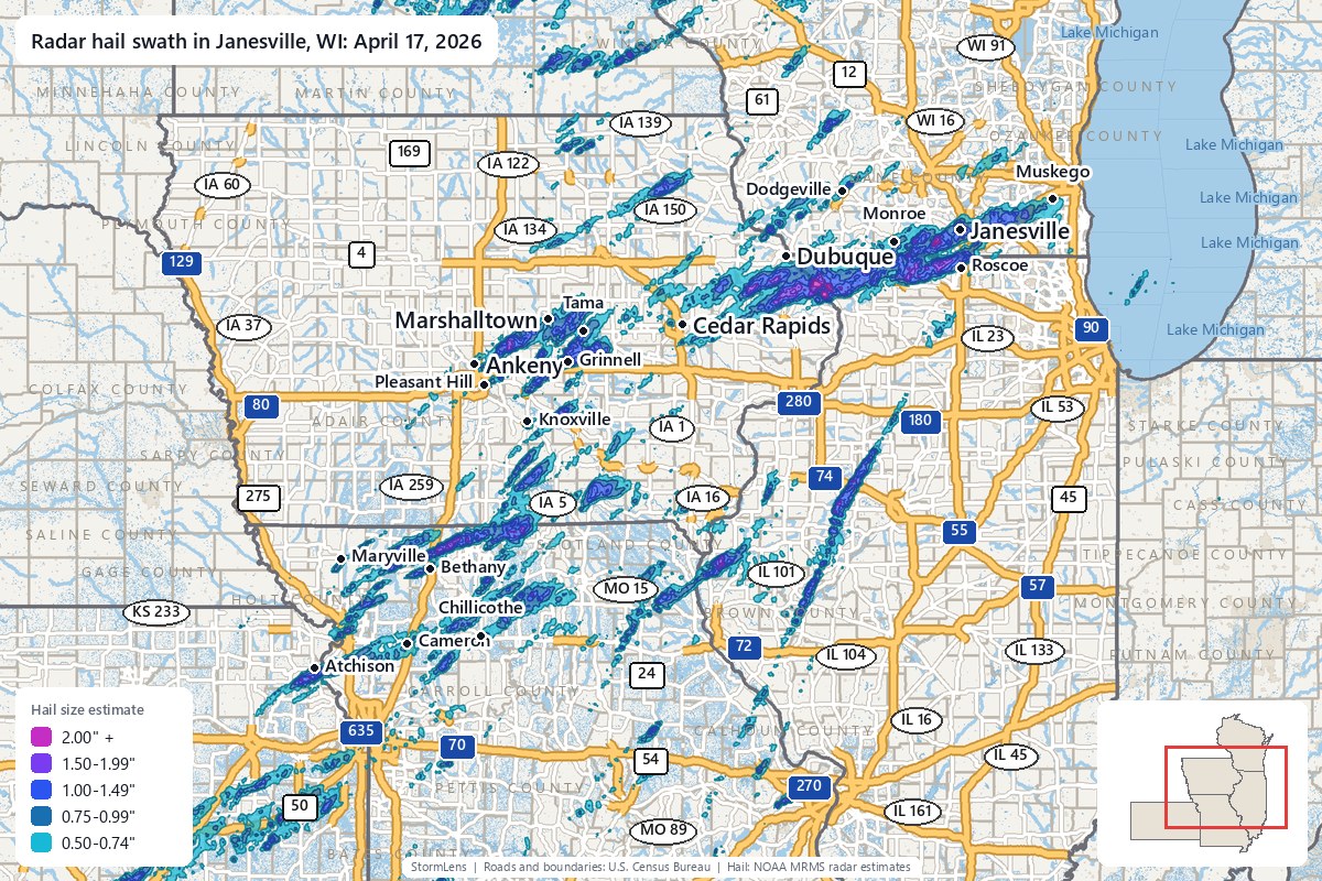 Radar-estimated hail swath in Janesville, WI on April 17, 2026; colors show estimated hail sizes