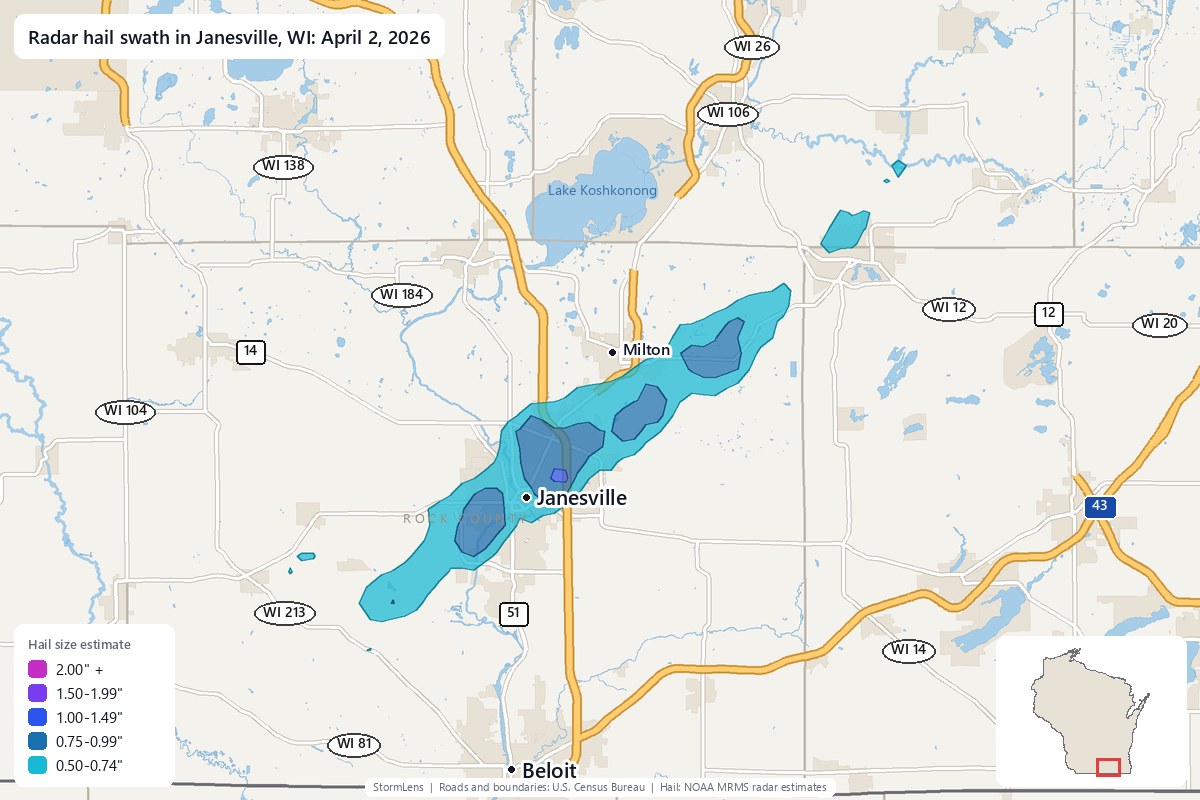 Radar-estimated hail swath in Janesville, WI on April 2, 2026; colors show estimated hail sizes
