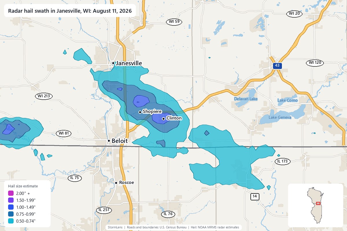 Radar-estimated hail swath in Janesville, WI on August 11, 2026; colors show estimated hail sizes