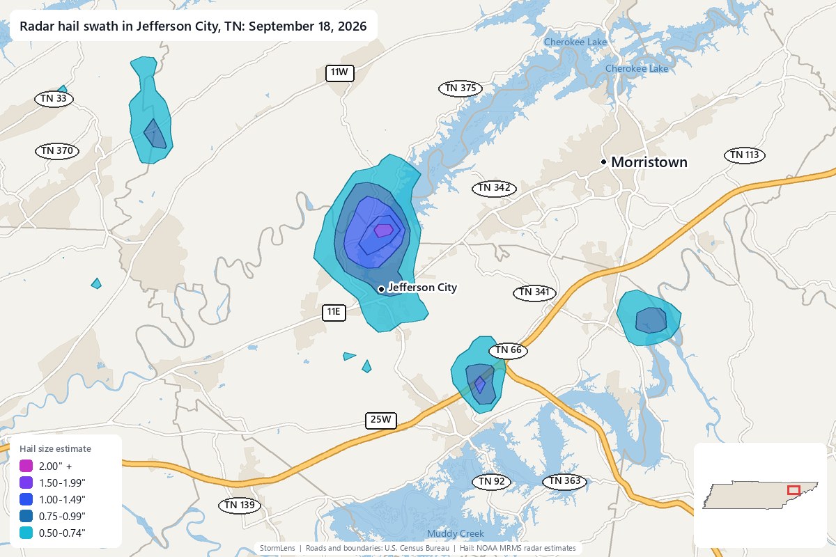 Radar-estimated hail swath in Jefferson City, TN on September 18, 2026; colors show estimated hail sizes