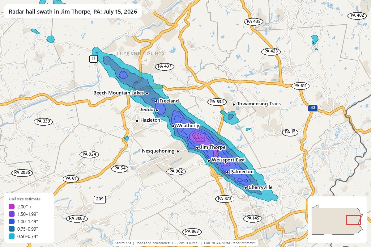 Radar-estimated hail swath in Jim Thorpe, PA on July 15, 2026; colors show estimated hail sizes