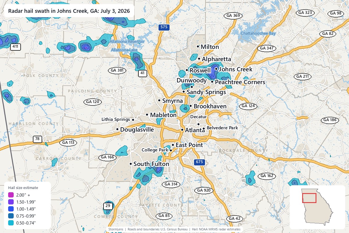 Radar-estimated hail swath in Johns Creek, GA on July 3, 2026; colors show estimated hail sizes