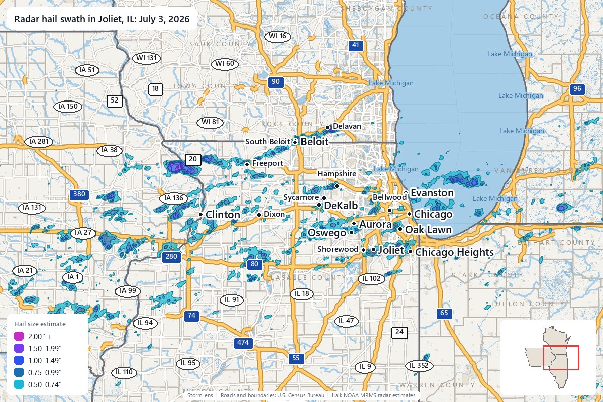 Radar-estimated hail swath in Joliet, IL on July 3, 2026; colors show estimated hail sizes