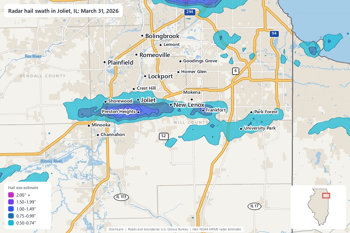 Radar-estimated hail swath in Joliet, IL on March 31, 2026; colors show estimated hail sizes