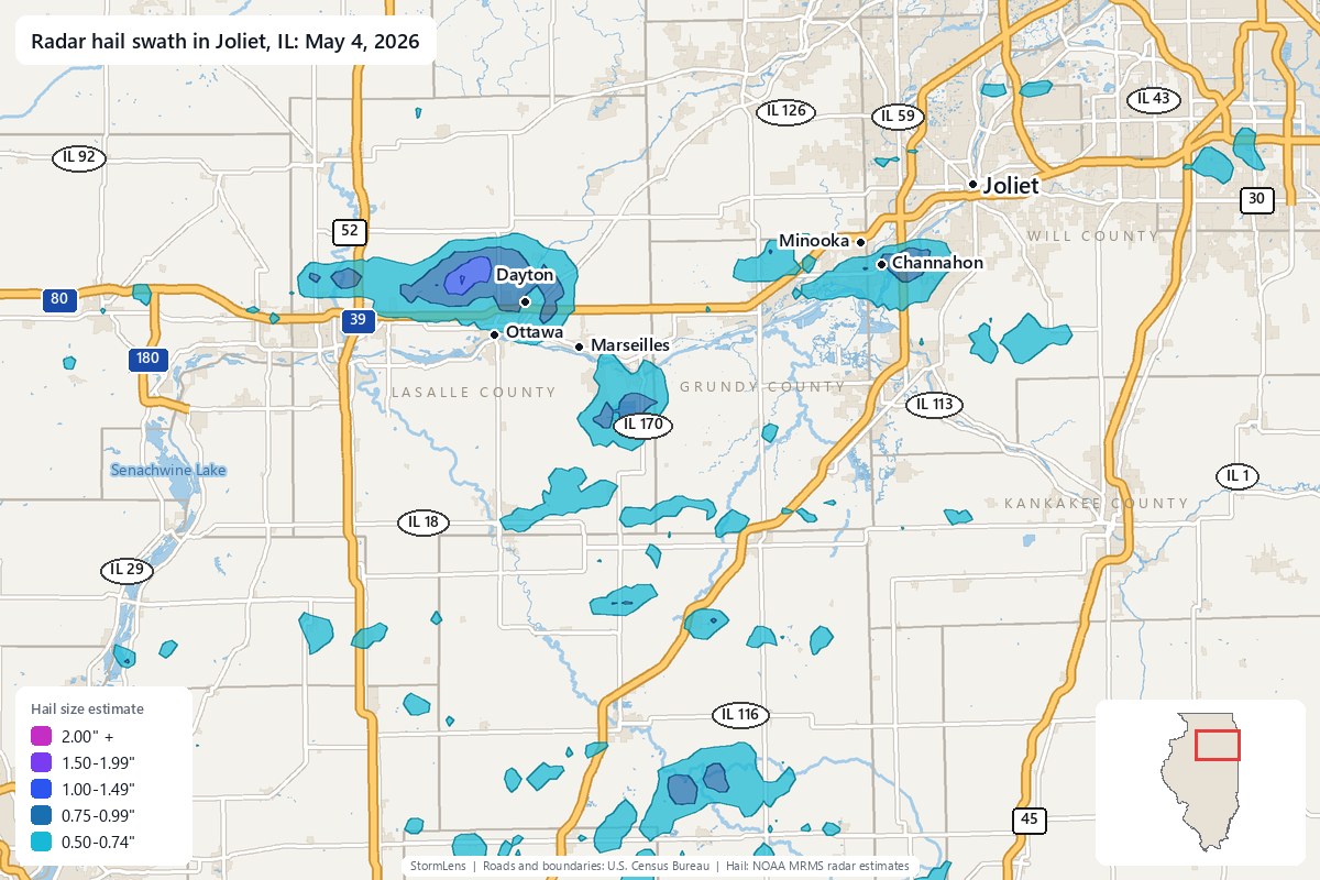 Radar-estimated hail swath in Joliet, IL on May 4, 2026; colors show estimated hail sizes