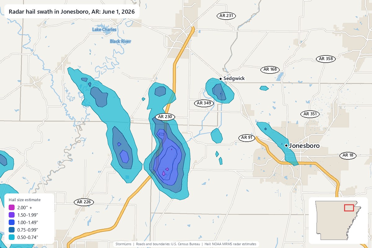Radar-estimated hail swath in Jonesboro, AR on June 1, 2026; colors show estimated hail sizes