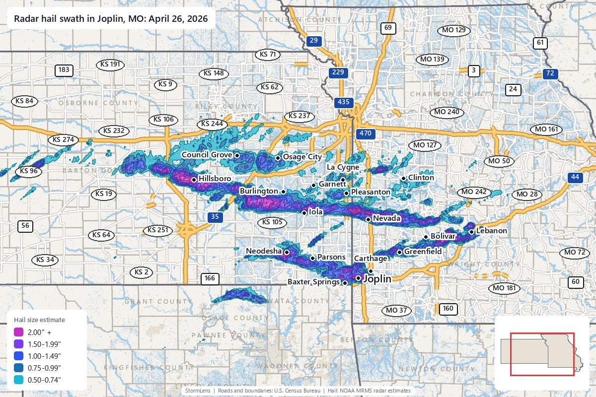 Radar-estimated hail swath in Joplin, MO on April 26, 2026; colors show estimated hail sizes
