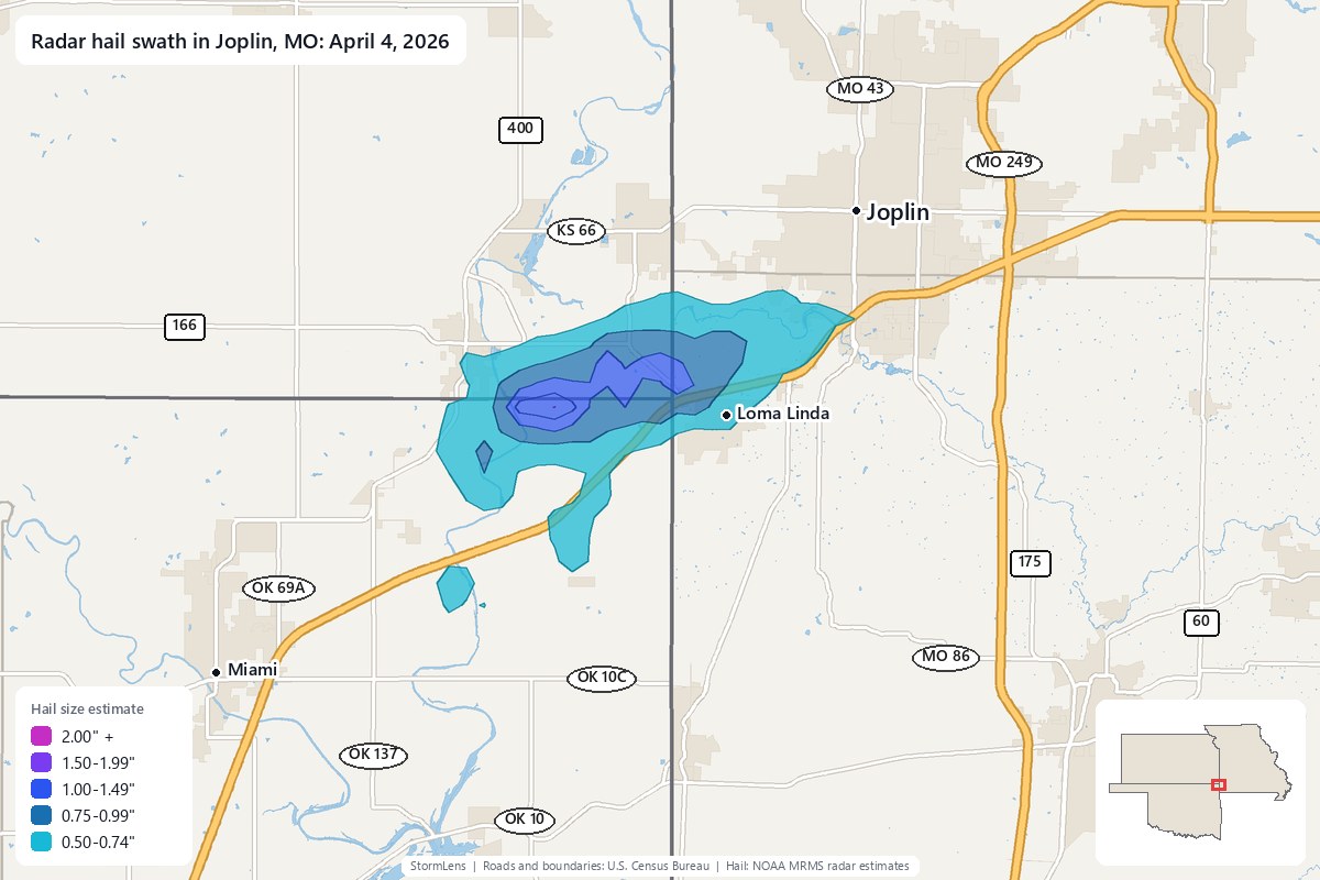 Radar-estimated hail swath in Joplin, MO on April 4, 2026; colors show estimated hail sizes