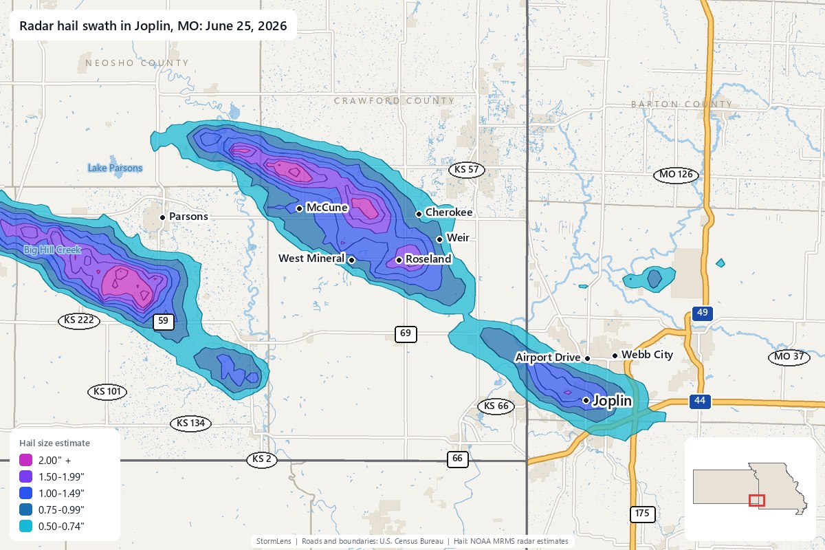 Radar-estimated hail swath in Joplin, MO on June 25, 2026; colors show estimated hail sizes