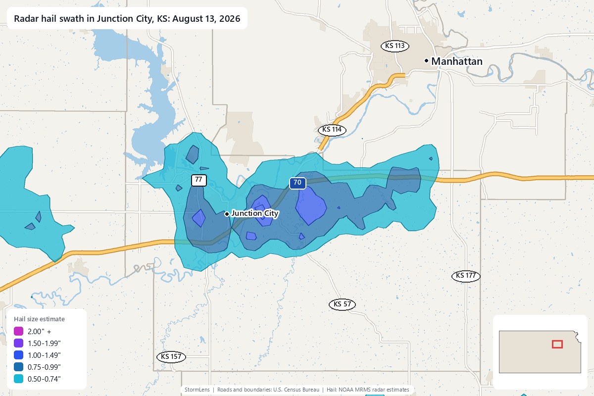 Radar-estimated hail swath in Junction City, KS on August 13, 2026; colors show estimated hail sizes