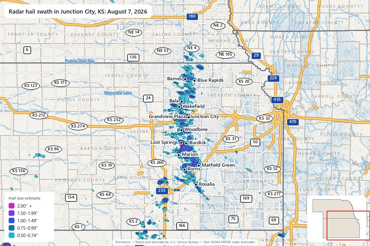 Radar-estimated hail swath in Junction City, KS on August 7, 2026; colors show estimated hail sizes