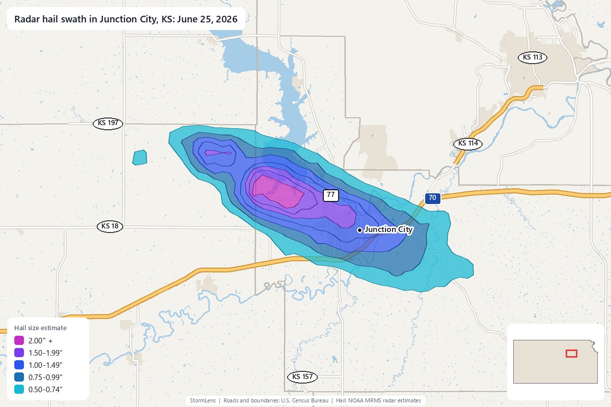 Radar-estimated hail swath in Junction City, KS on June 25, 2026; colors show estimated hail sizes