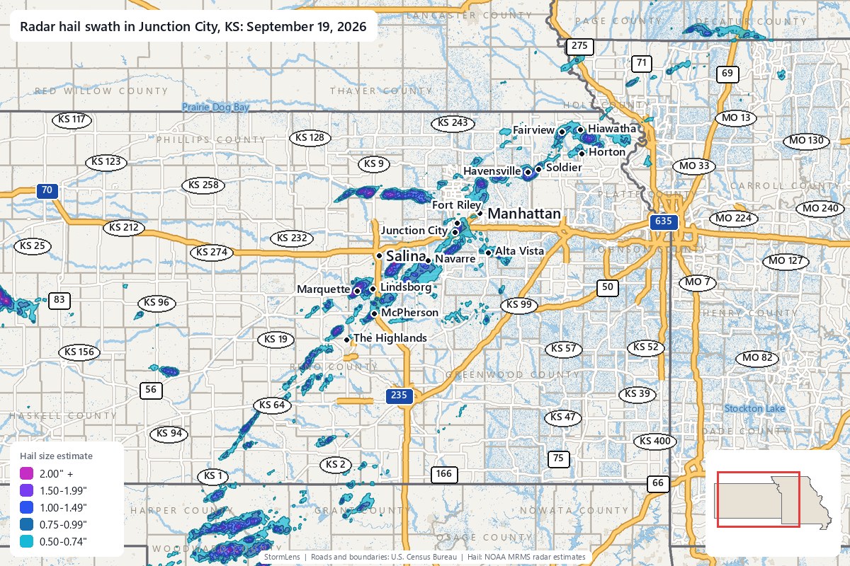 Radar-estimated hail swath in Junction City, KS on September 19, 2026; colors show estimated hail sizes