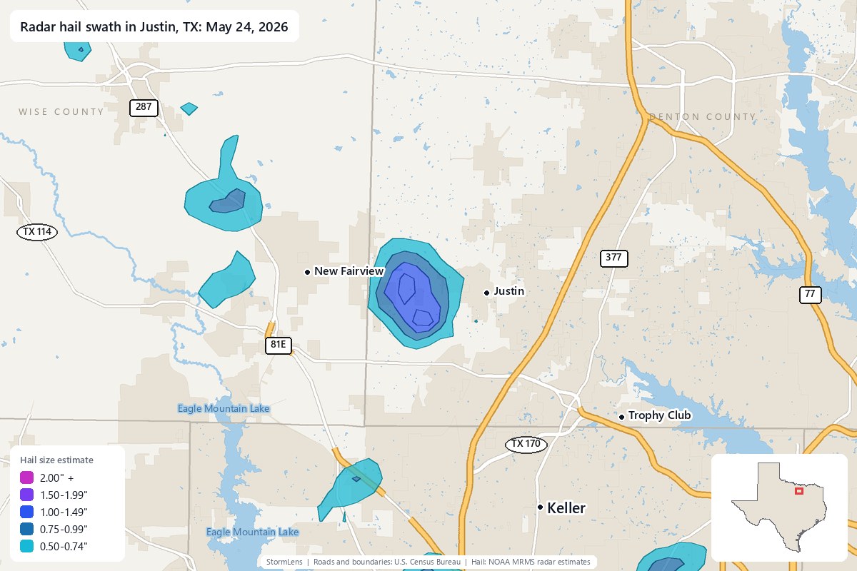 Radar-estimated hail swath in Justin, TX on May 24, 2026; colors show estimated hail sizes