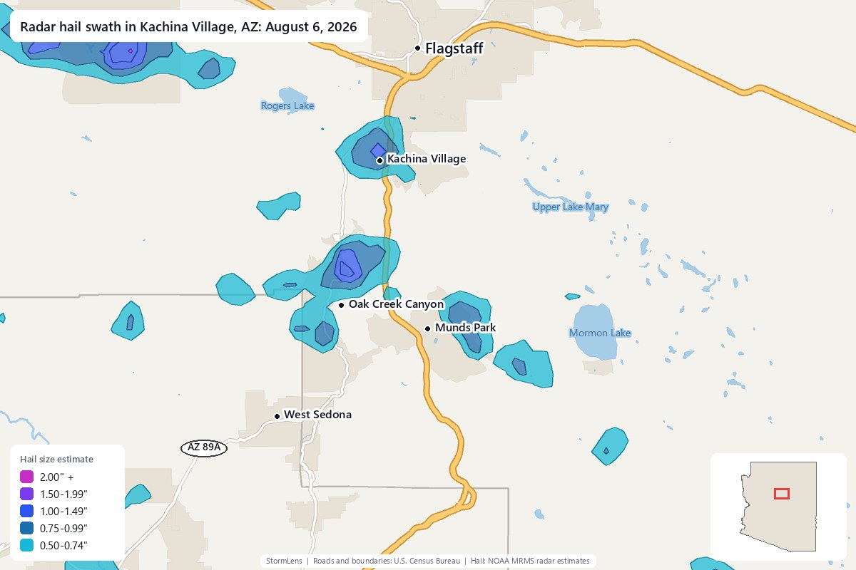 Radar-estimated hail swath in Kachina Village, AZ on August 6, 2026; colors show estimated hail sizes