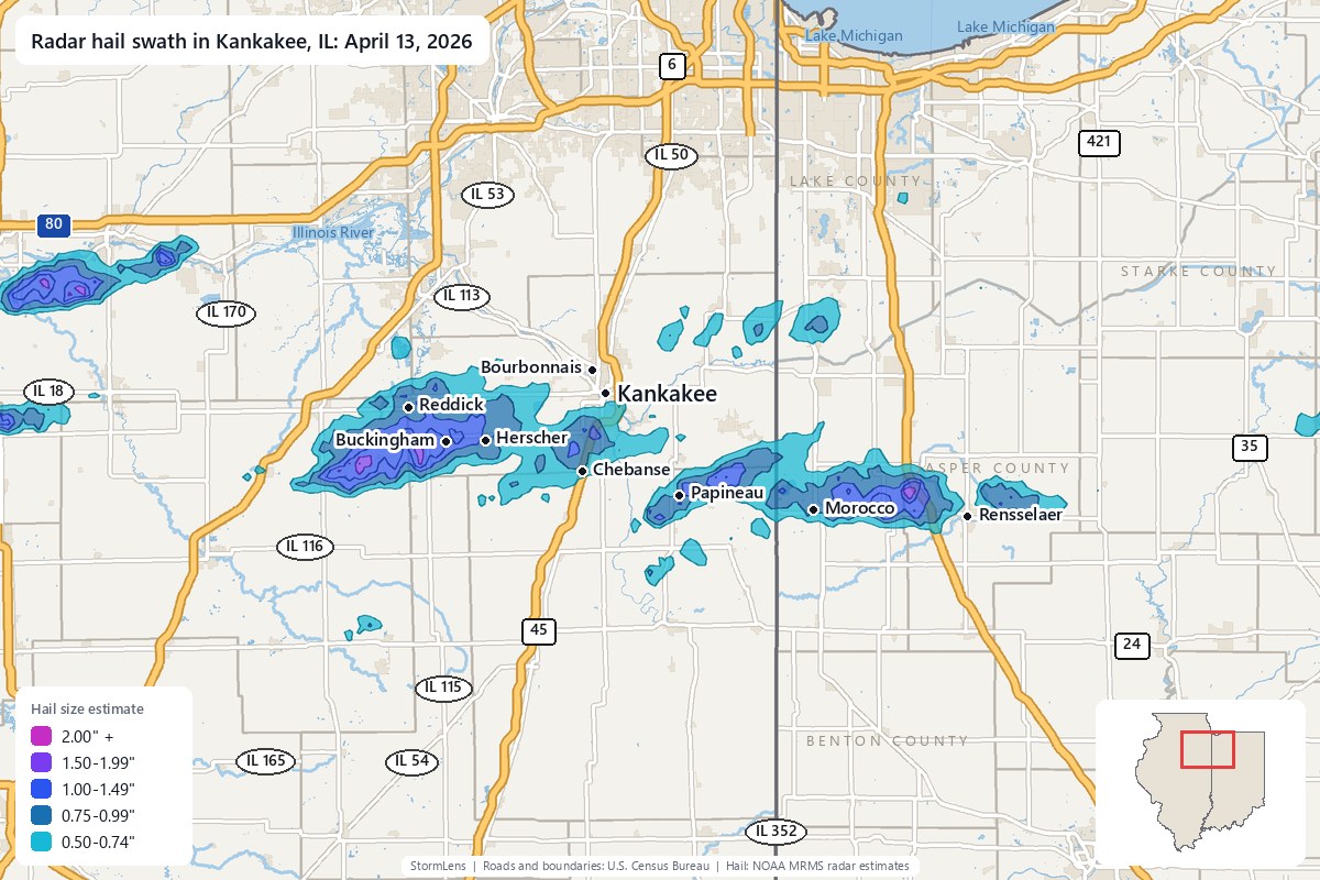 Radar-estimated hail swath in Kankakee, IL on April 13, 2026; colors show estimated hail sizes