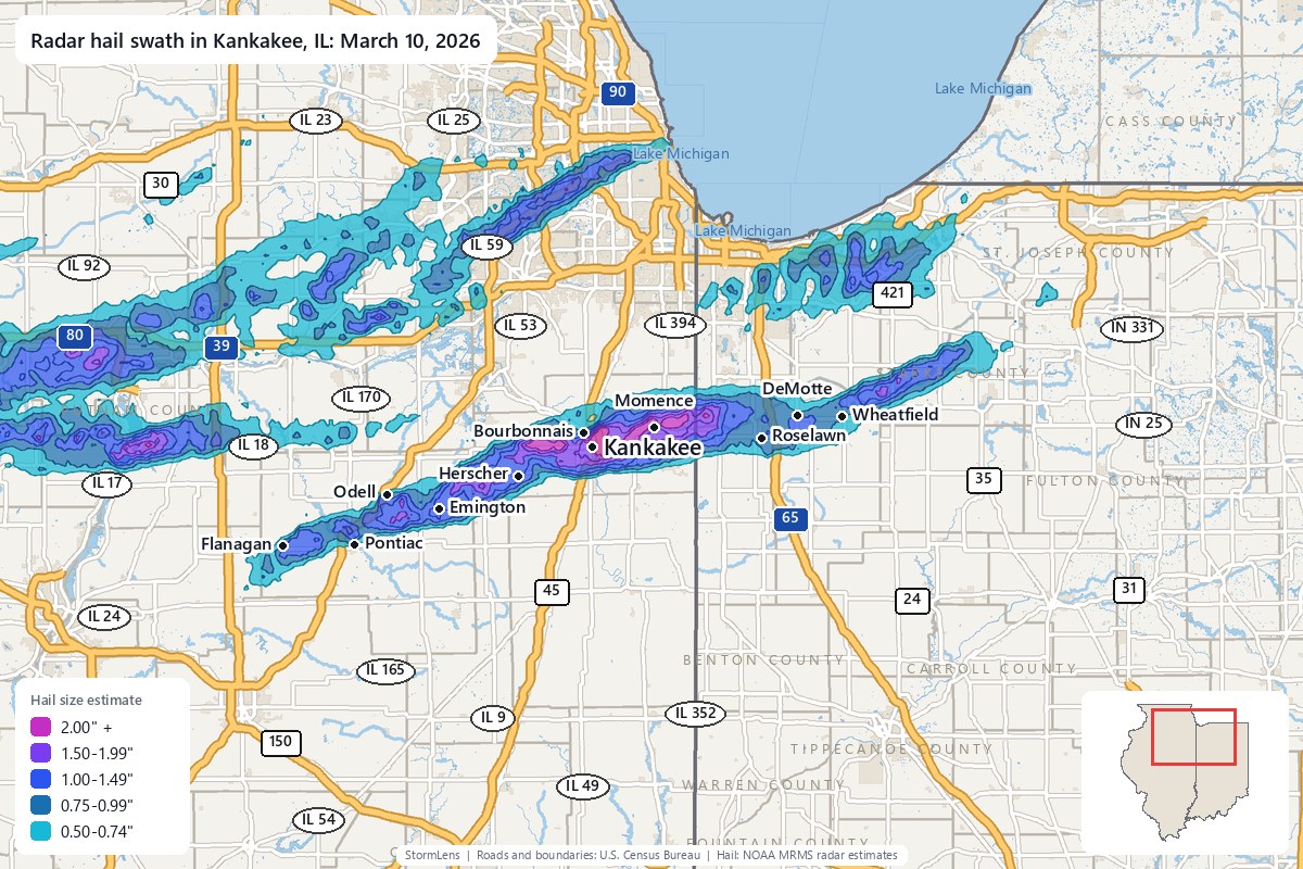 Radar-estimated hail swath in Kankakee, IL on March 10, 2026; colors show estimated hail sizes