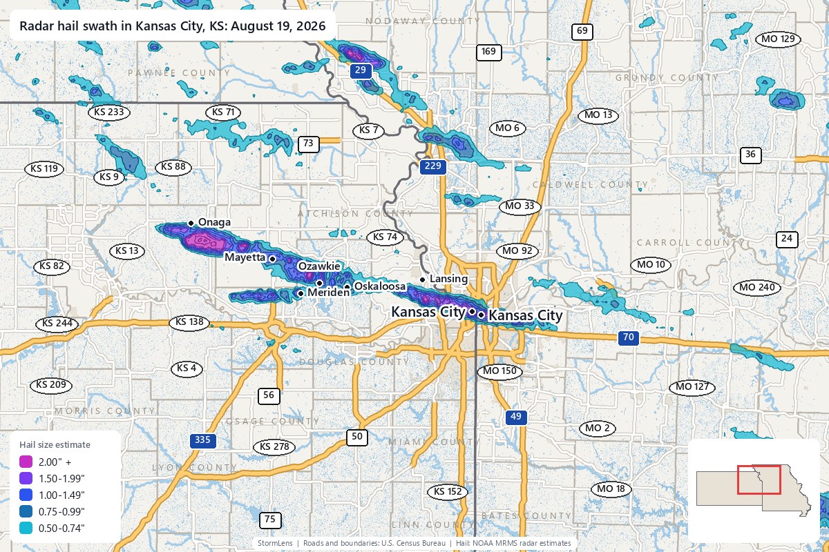 Radar-estimated hail swath in Kansas City, KS on August 19, 2026; colors show estimated hail sizes