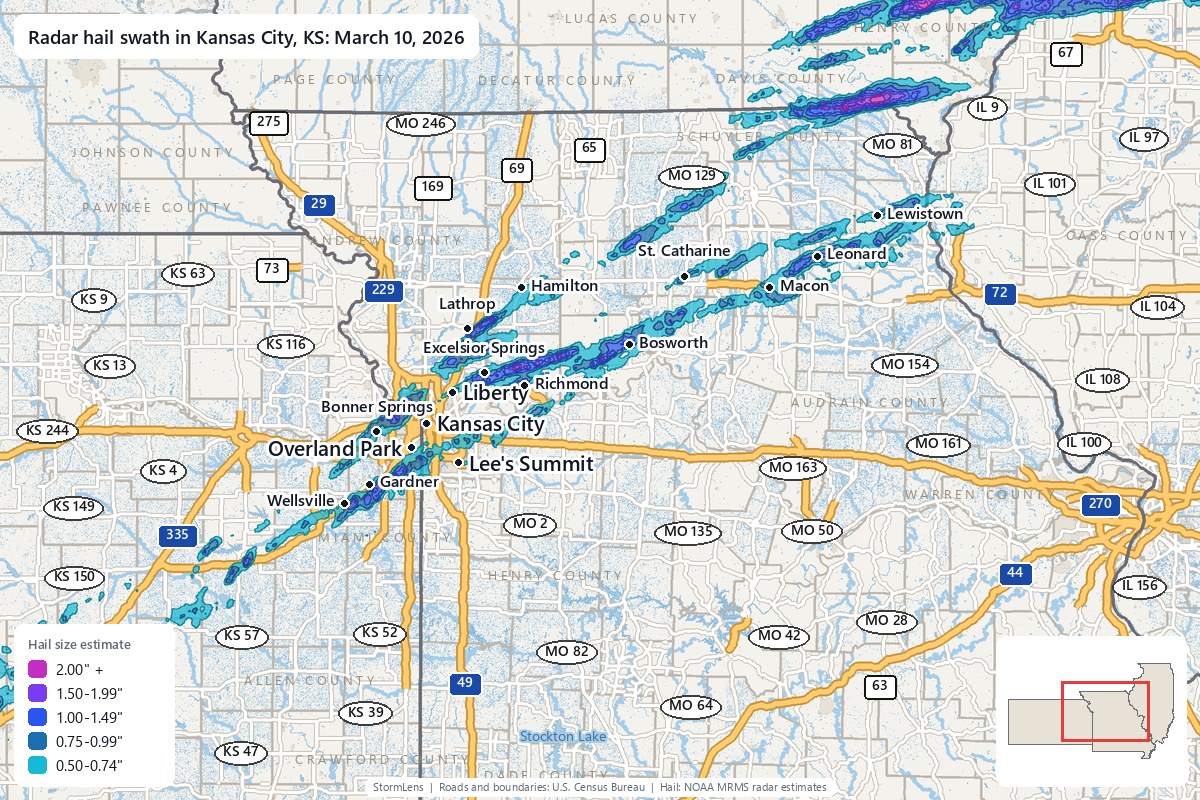 Radar-estimated hail swath in Kansas City, KS on March 10, 2026; colors show estimated hail sizes