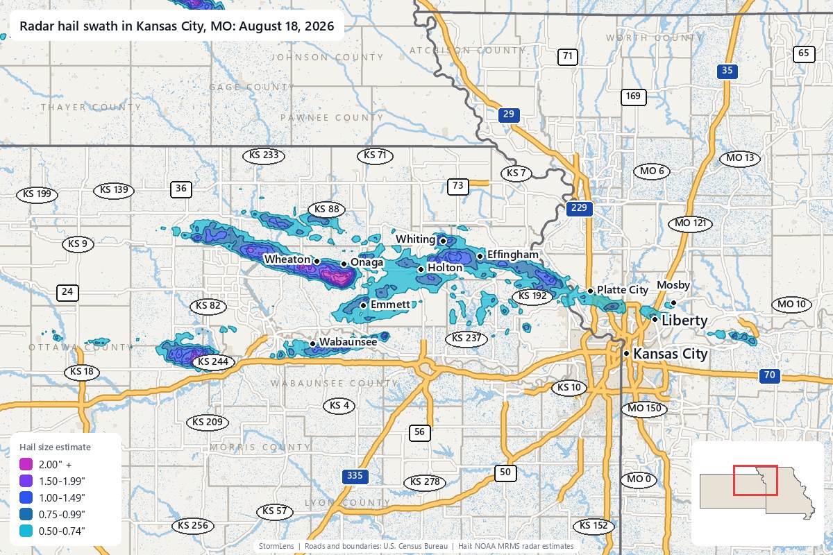 Radar-estimated hail swath in Kansas City, MO on August 18, 2026; colors show estimated hail sizes