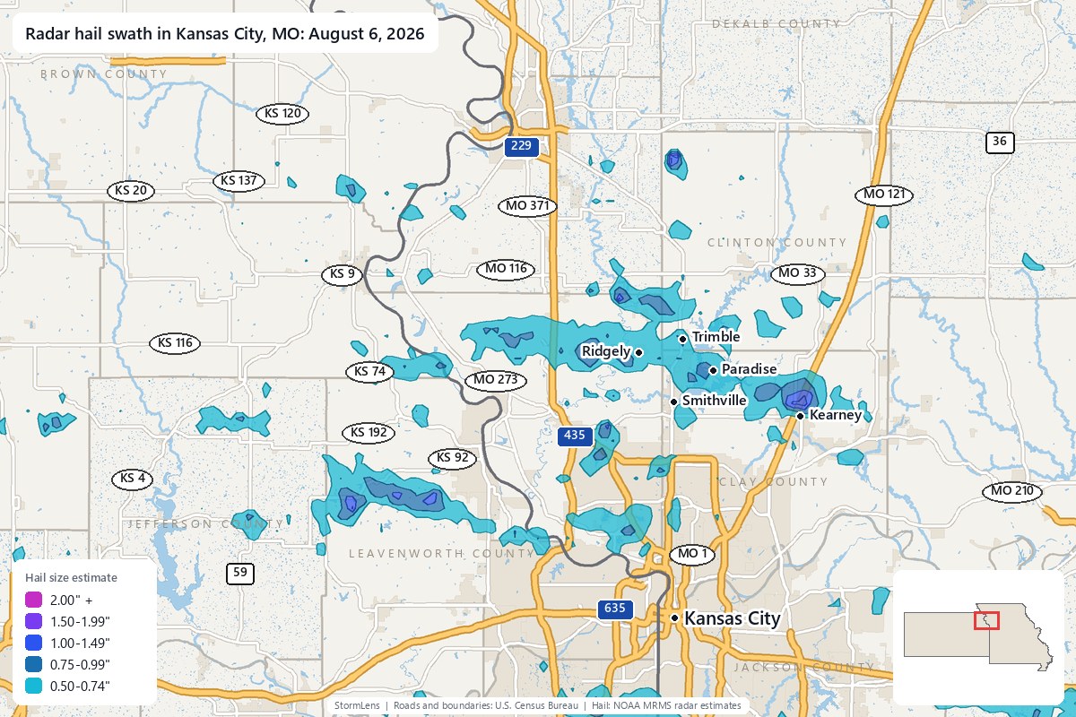 Radar-estimated hail swath in Kansas City, MO on August 6, 2026; colors show estimated hail sizes