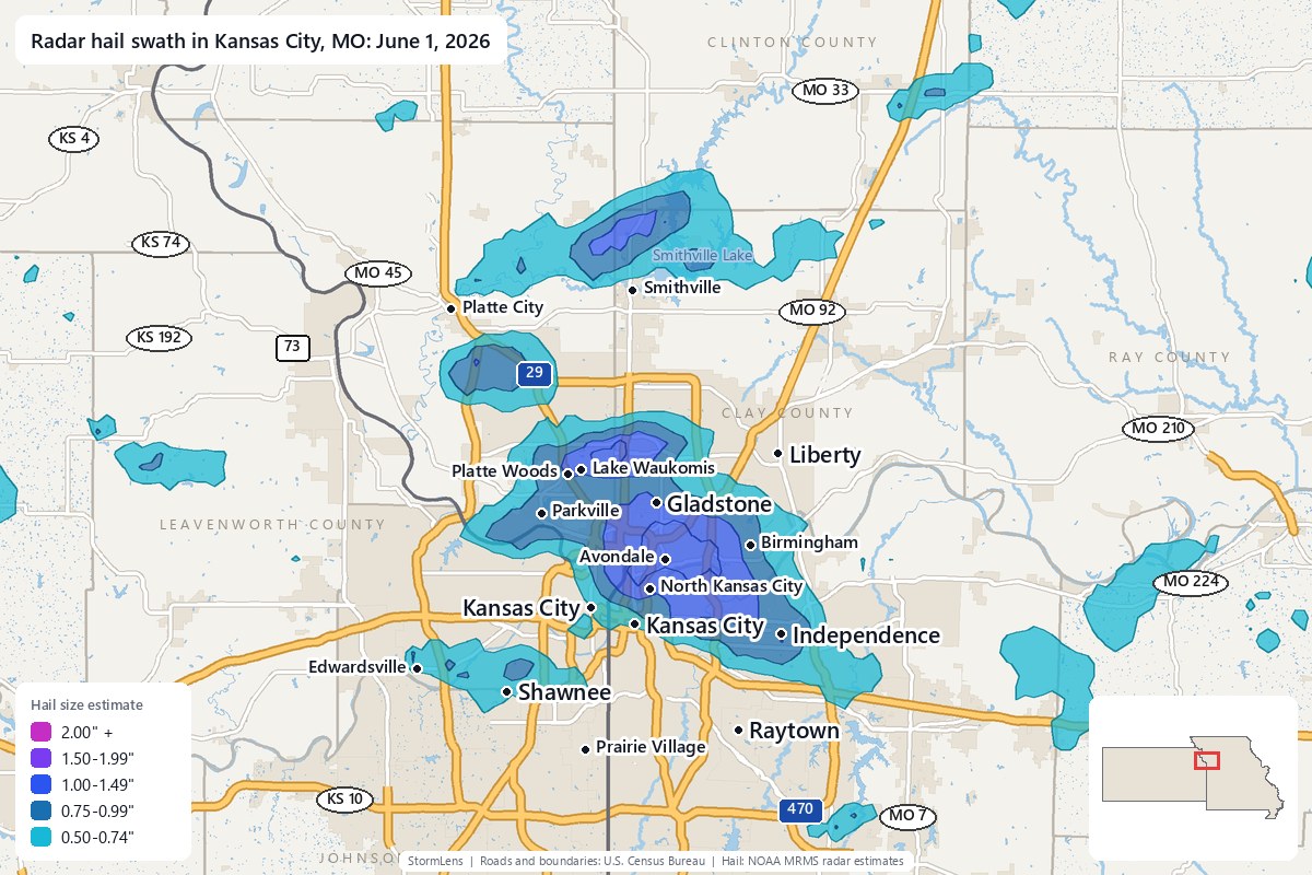 Radar-estimated hail swath in Kansas City, MO on June 1, 2026; colors show estimated hail sizes