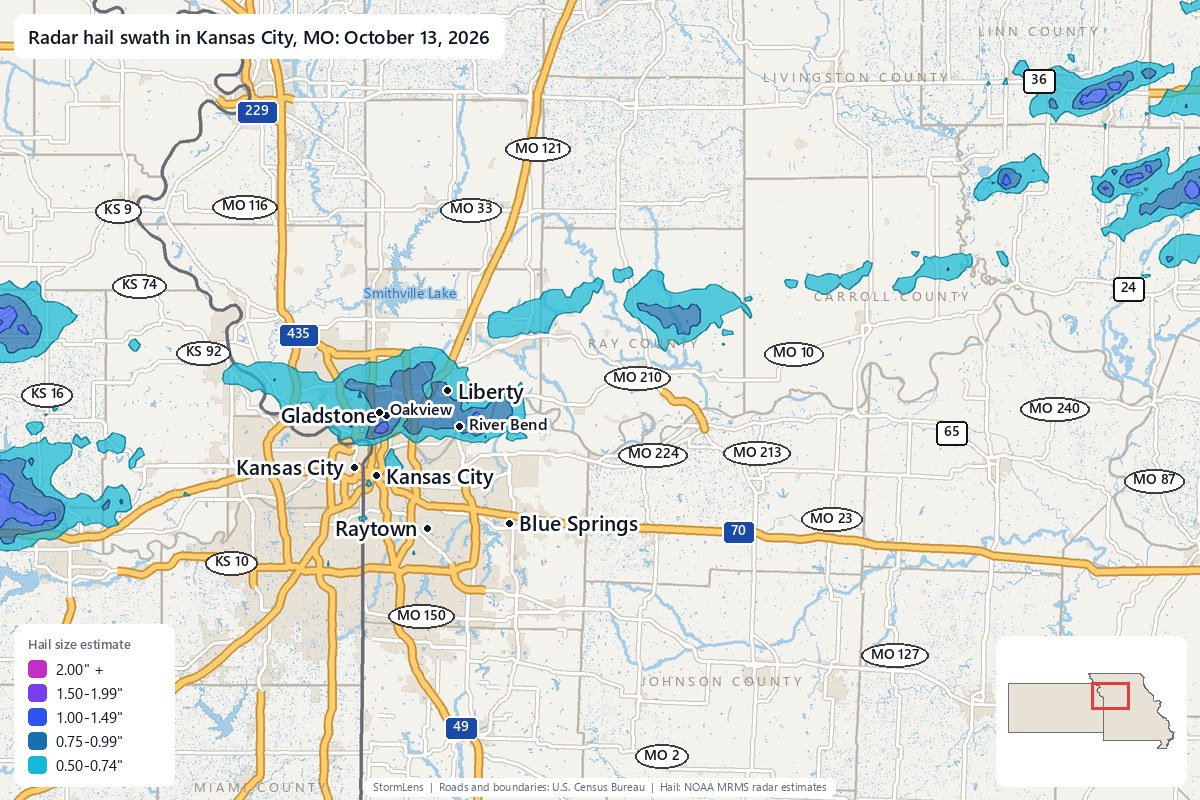 Radar-estimated hail swath in Kansas City, MO on October 13, 2026; colors show estimated hail sizes