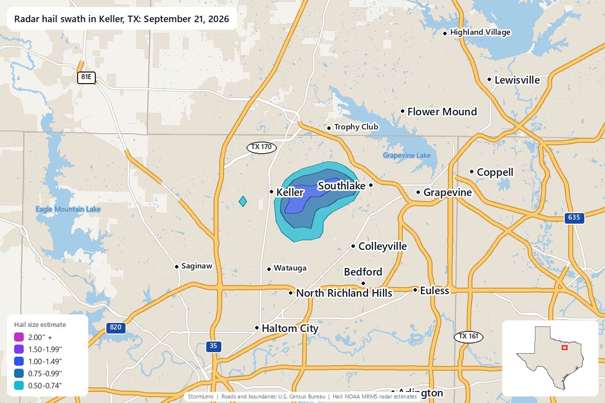 Radar-estimated hail swath in Keller, TX on September 21, 2026; colors show estimated hail sizes