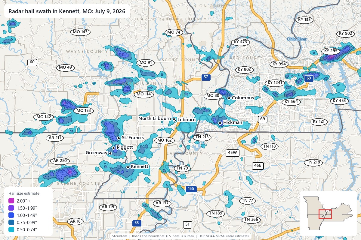 Radar-estimated hail swath in Kennett, MO on July 9, 2026; colors show estimated hail sizes