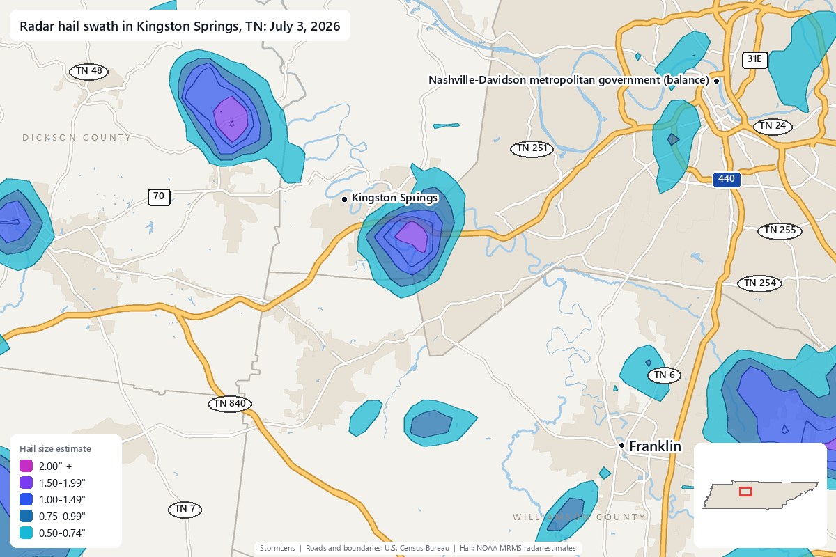 Radar-estimated hail swath in Kingston Springs, TN on July 3, 2026; colors show estimated hail sizes