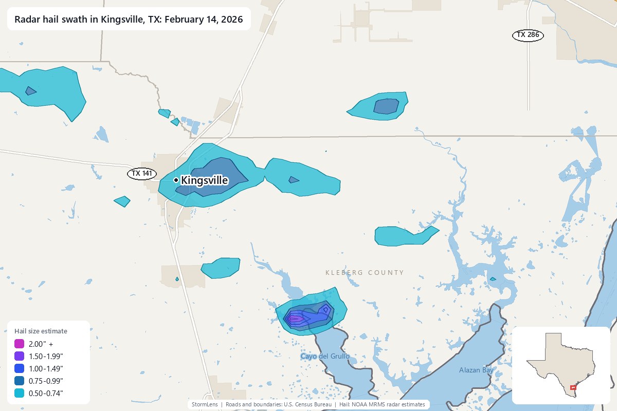 Radar-estimated hail swath in Kingsville, TX on February 14, 2026; colors show estimated hail sizes