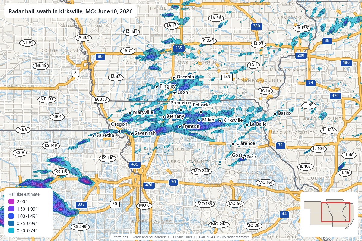 Radar-estimated hail swath in Kirksville, MO on June 10, 2026; colors show estimated hail sizes