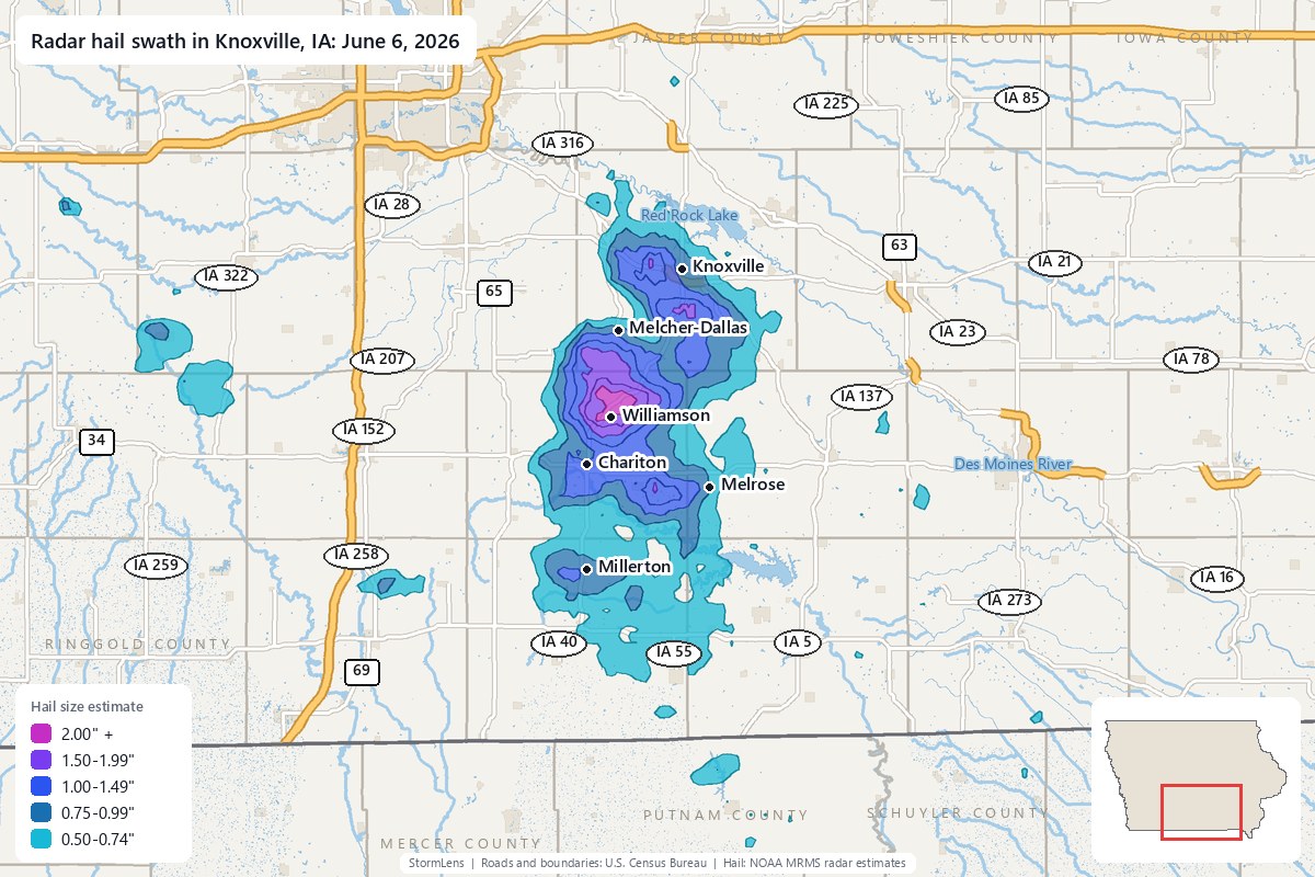 Radar-estimated hail swath in Knoxville, IA on June 6, 2026; colors show estimated hail sizes