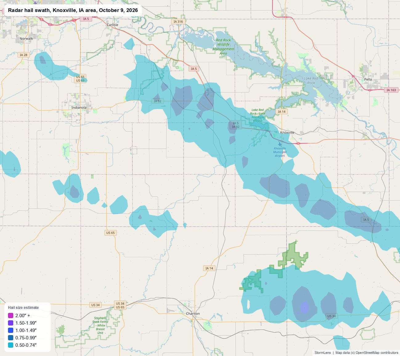 Radar-estimated hail swath near Knoxville, IA on October 9, 2026; colors show estimated hail sizes
