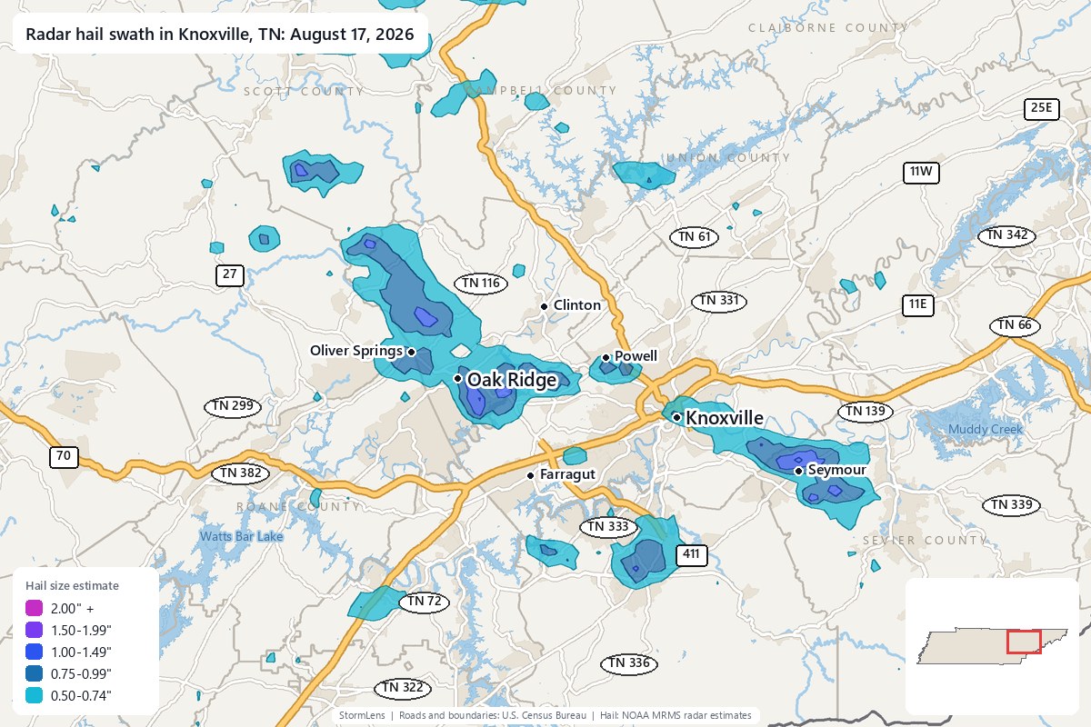 Radar-estimated hail swath in Knoxville, TN on August 17, 2026; colors show estimated hail sizes