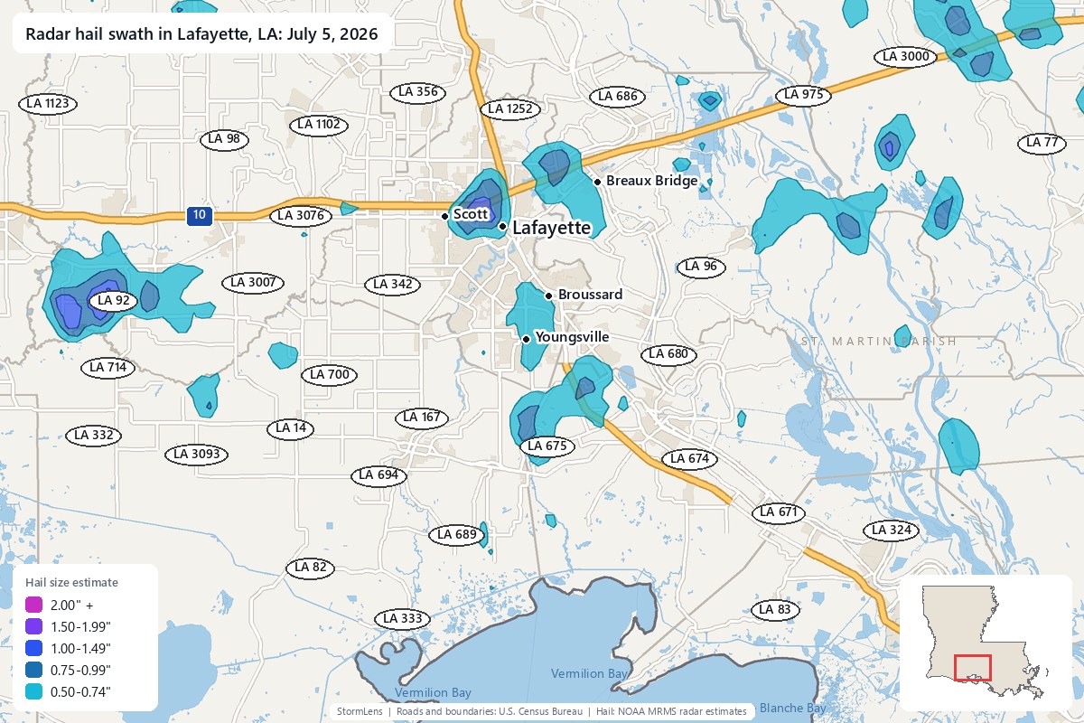 Radar-estimated hail swath in Lafayette, LA on July 5, 2026; colors show estimated hail sizes
