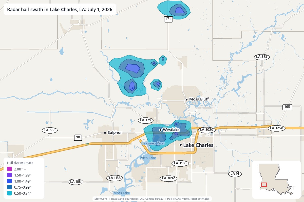 Radar-estimated hail swath in Lake Charles, LA on July 1, 2026; colors show estimated hail sizes