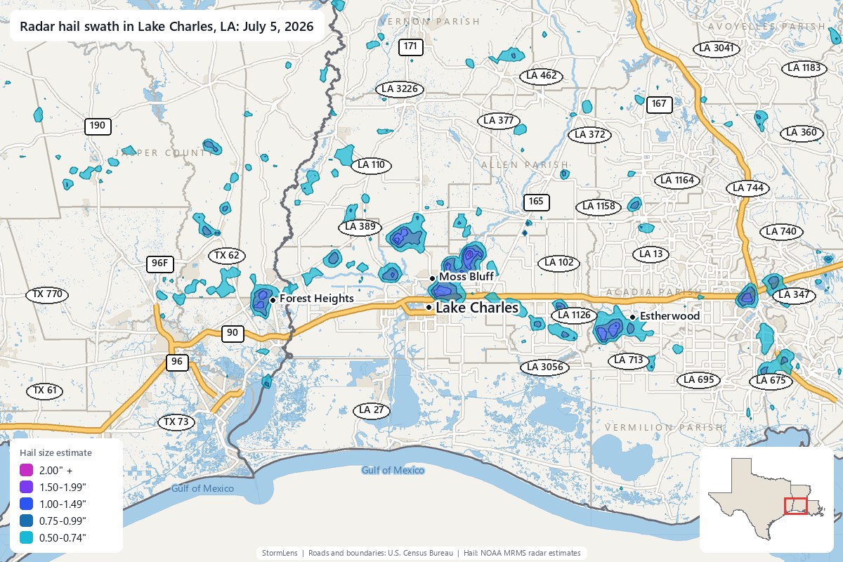 Radar-estimated hail swath in Lake Charles, LA on July 5, 2026; colors show estimated hail sizes