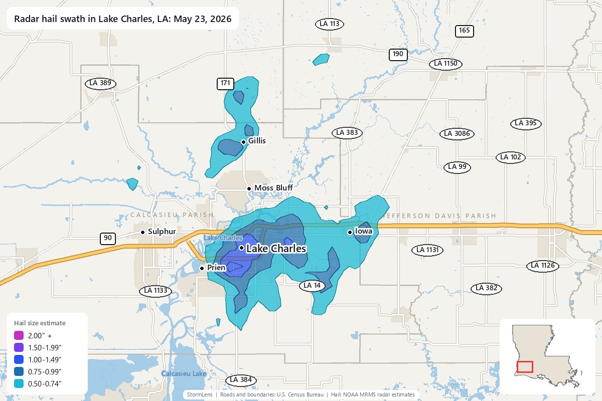 Radar-estimated hail swath in Lake Charles, LA on May 23, 2026; colors show estimated hail sizes