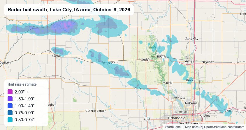 Radar-estimated hail swath near Lake City, IA on October 9, 2026; colors show estimated hail sizes