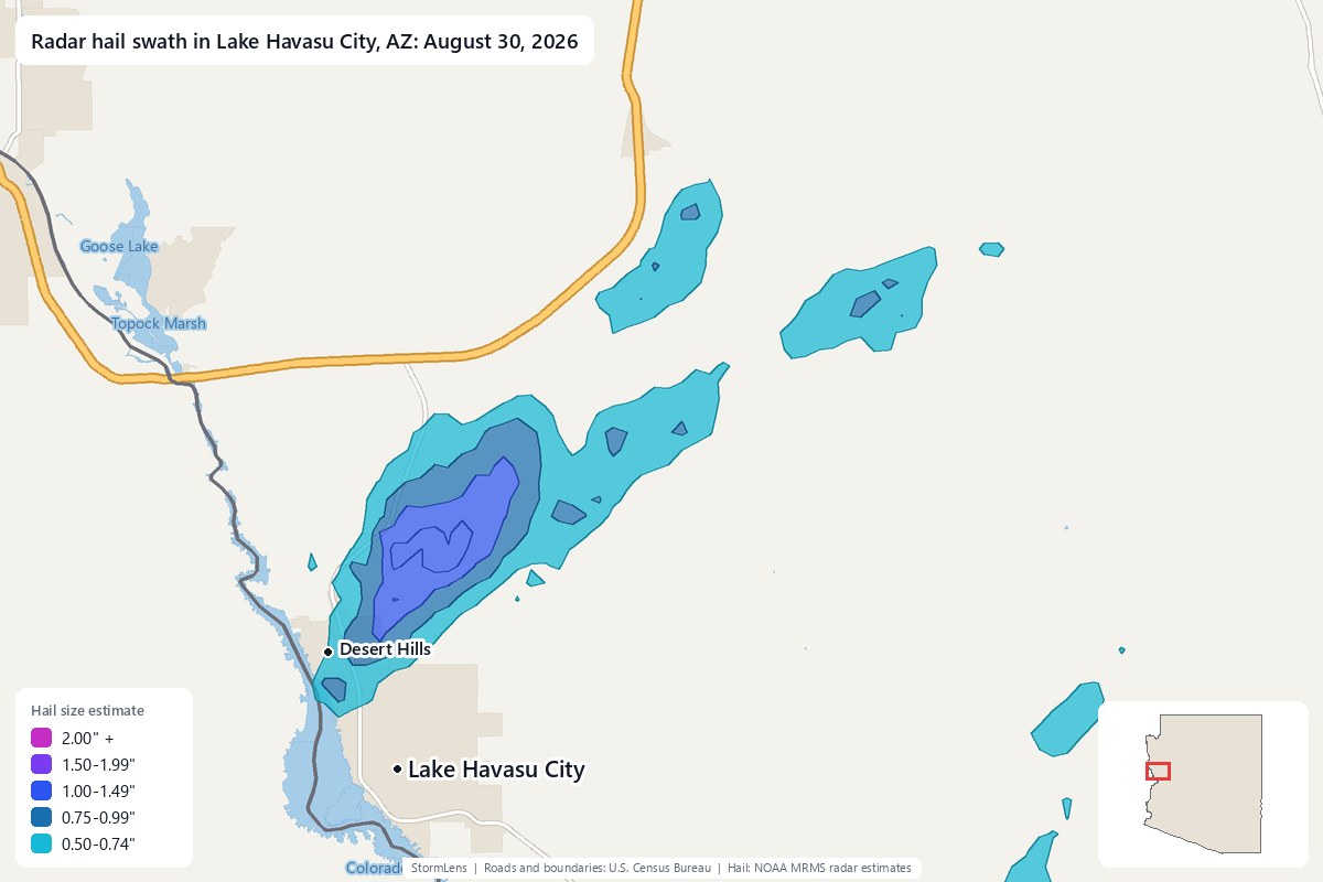 Radar-estimated hail swath in Lake Havasu City, AZ on August 30, 2026; colors show estimated hail sizes