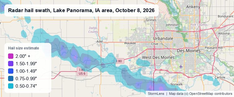 Radar-estimated hail swath near Lake Panorama, IA on October 8, 2026; colors show estimated hail sizes