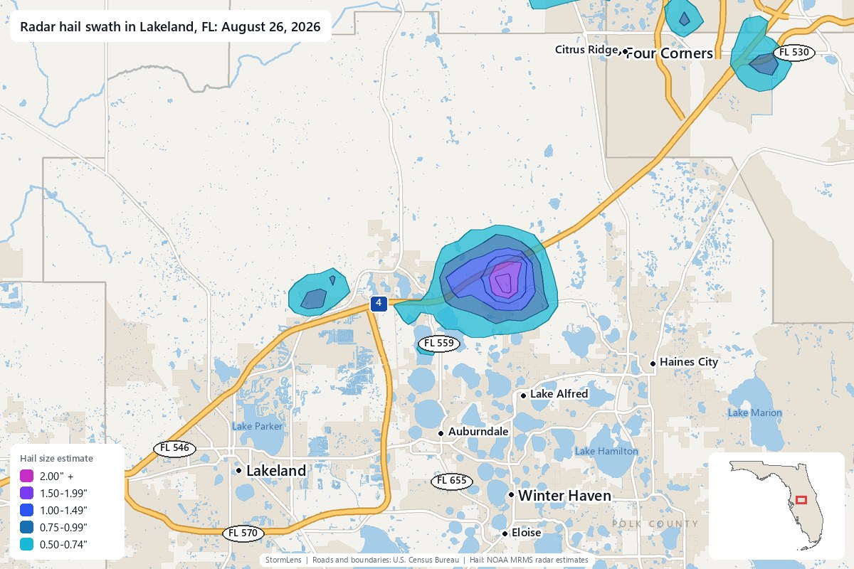 Radar-estimated hail swath in Lakeland, FL on August 26, 2026; colors show estimated hail sizes