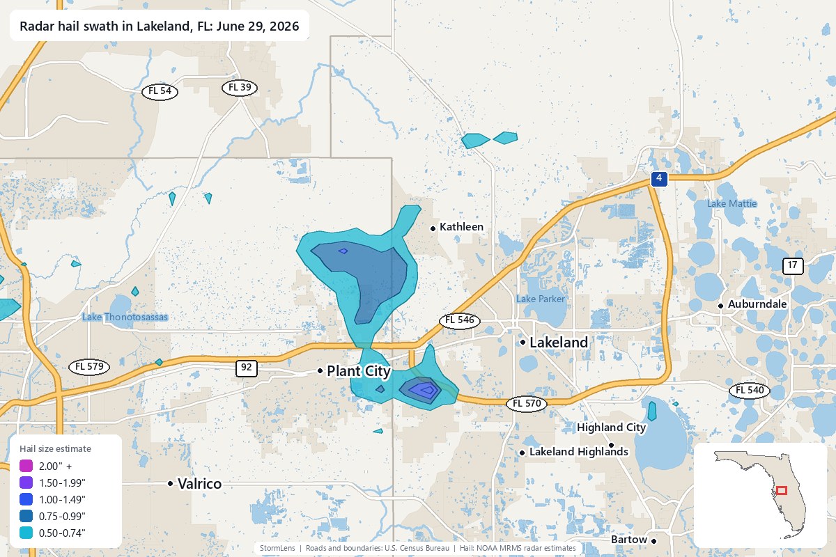 Radar-estimated hail swath in Lakeland, FL on June 29, 2026; colors show estimated hail sizes