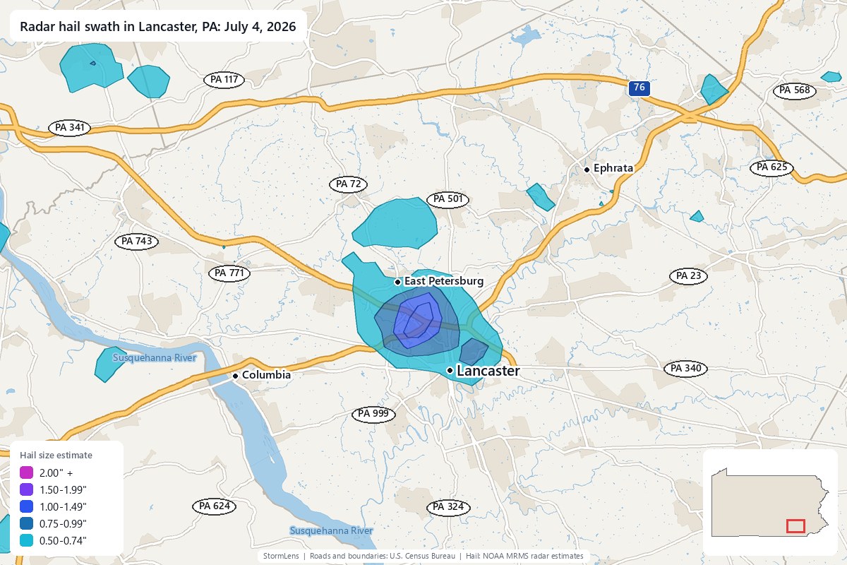 Radar-estimated hail swath in Lancaster, PA on July 4, 2026; colors show estimated hail sizes