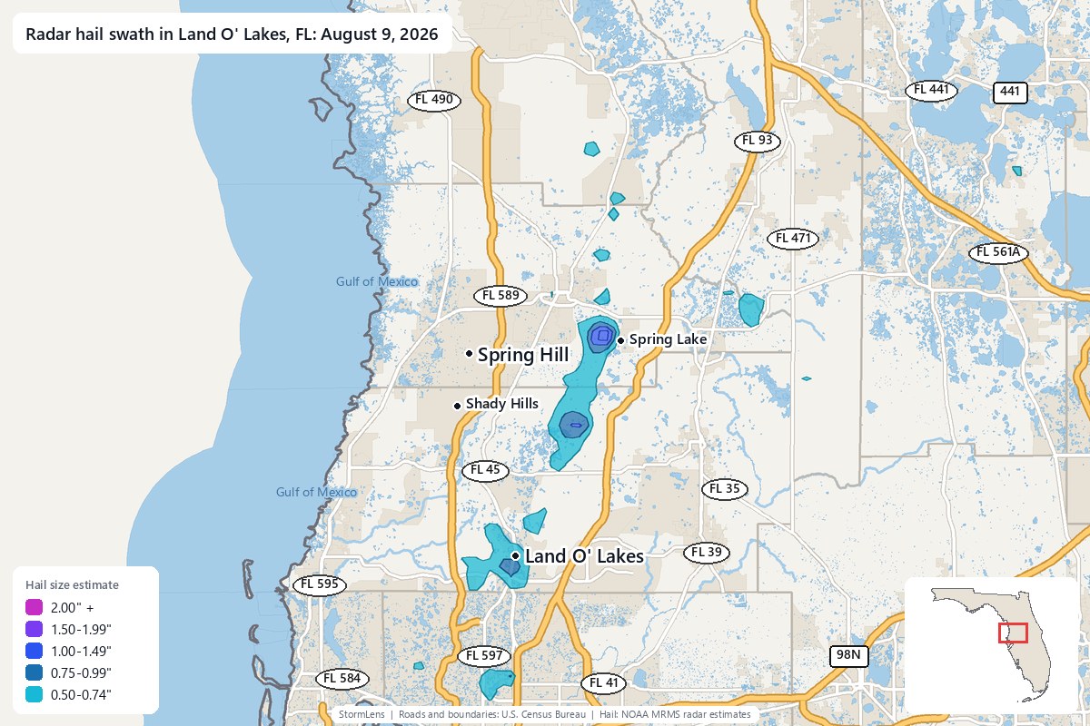 Radar-estimated hail swath in Land O' Lakes, FL on August 9, 2026; colors show estimated hail sizes
