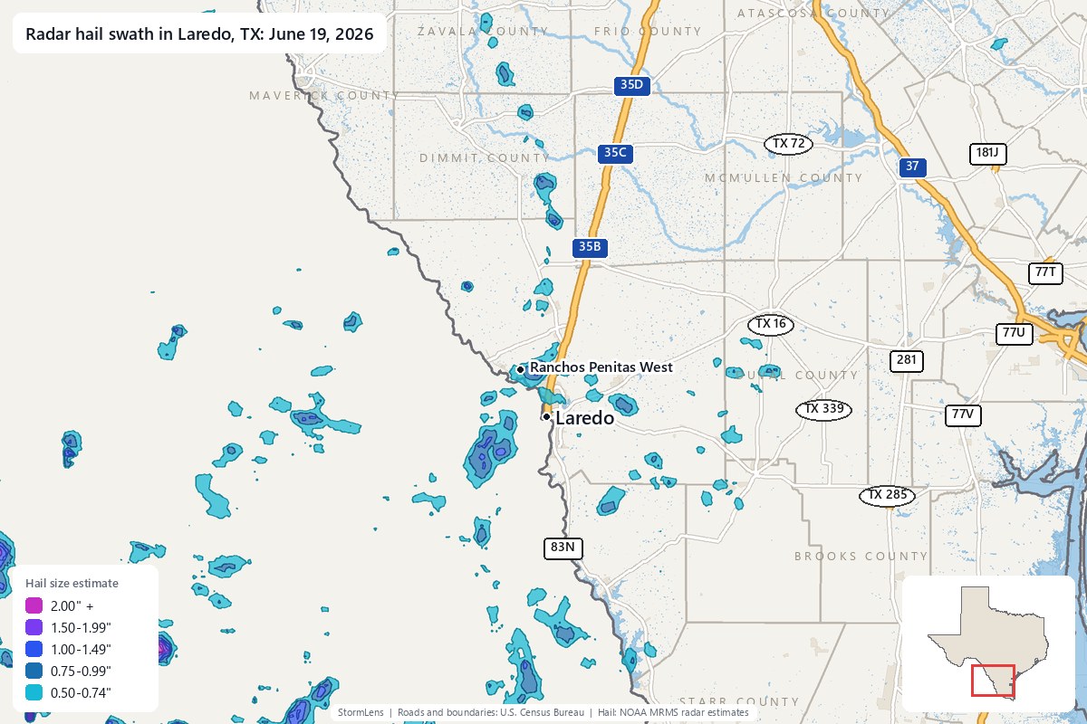 Radar-estimated hail swath in Laredo, TX on June 19, 2026; colors show estimated hail sizes