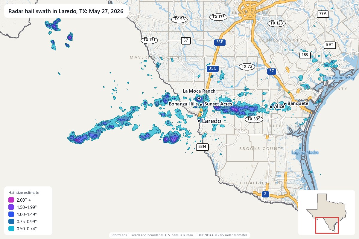 Radar-estimated hail swath in Laredo, TX on May 27, 2026; colors show estimated hail sizes