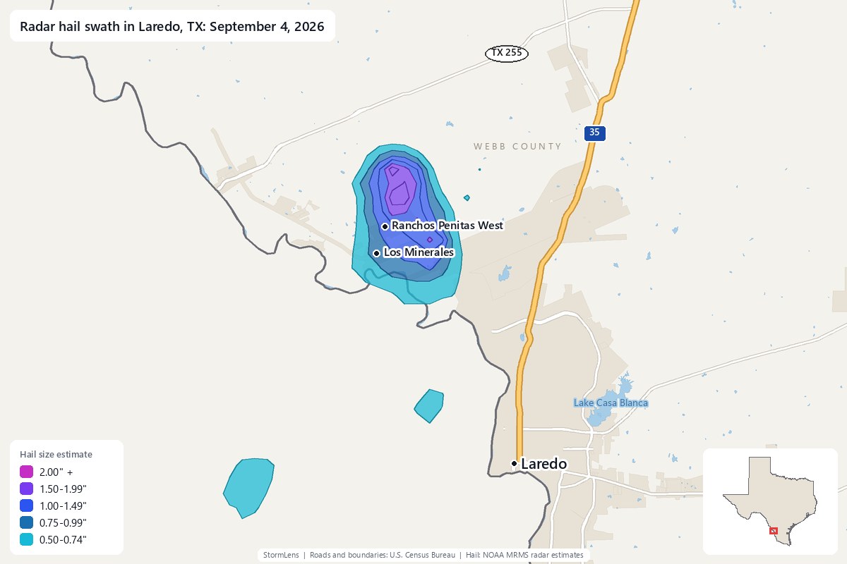 Radar-estimated hail swath in Laredo, TX on September 4, 2026; colors show estimated hail sizes