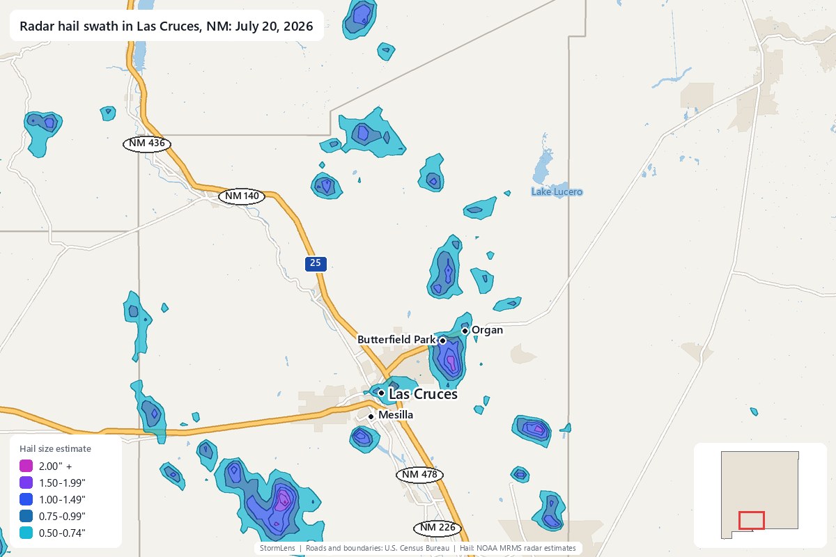Radar-estimated hail swath in Las Cruces, NM on July 20, 2026; colors show estimated hail sizes